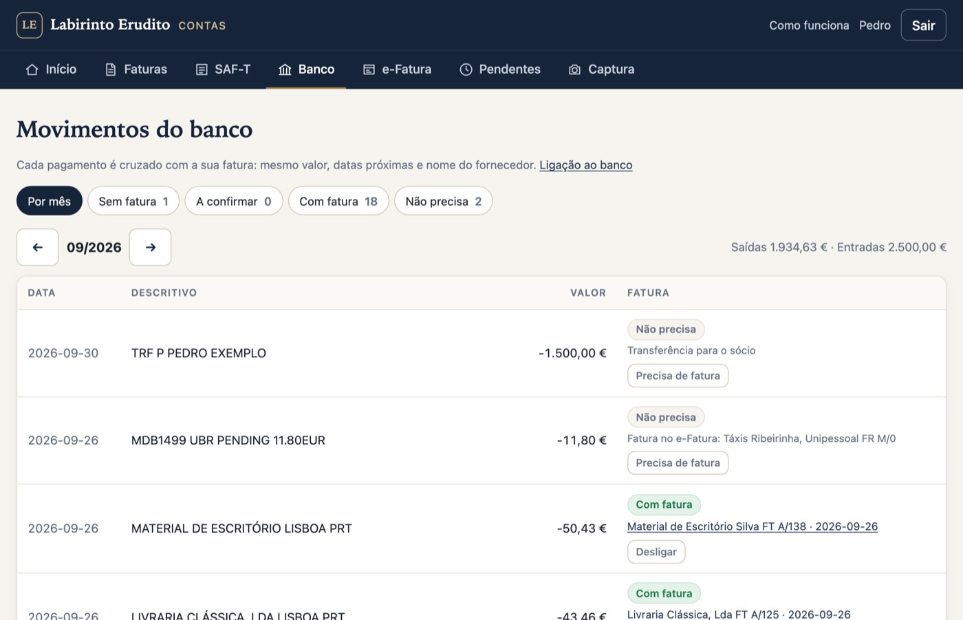 Movimentos do banco ligados às faturas